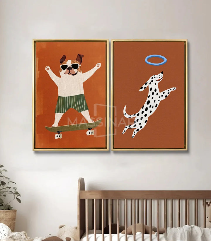 Tableau Joyful Paws diptyque — dalmatien blanc et noir sautant après frisbee bleu, fond orange Massinart
