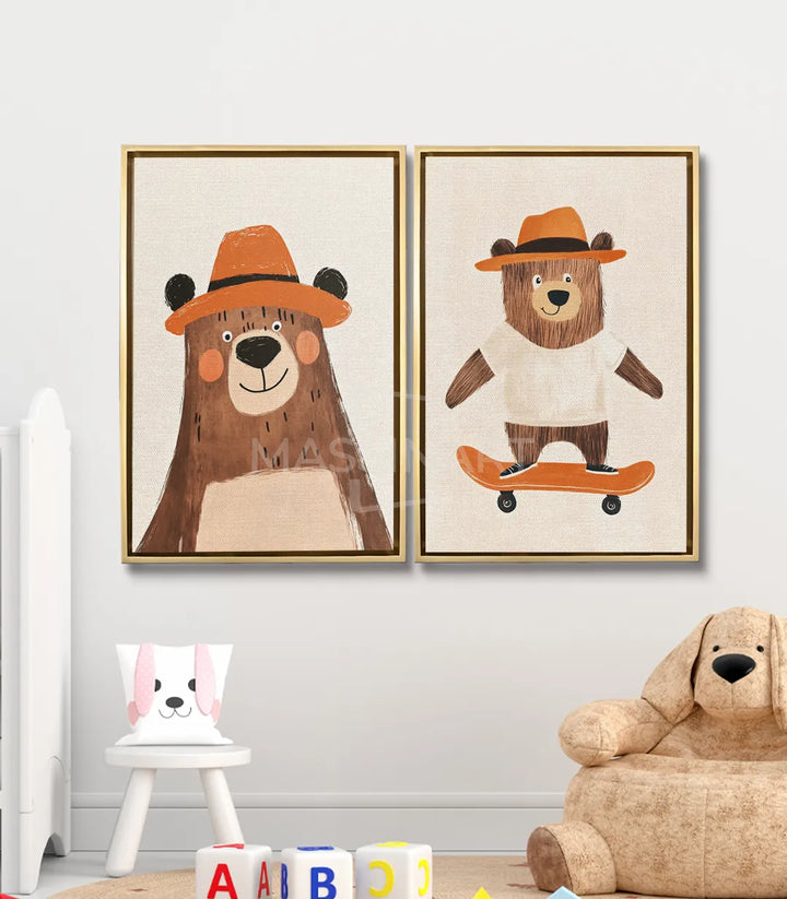 Mise en situation diptyque ours skateboard chambre enfant Massinart