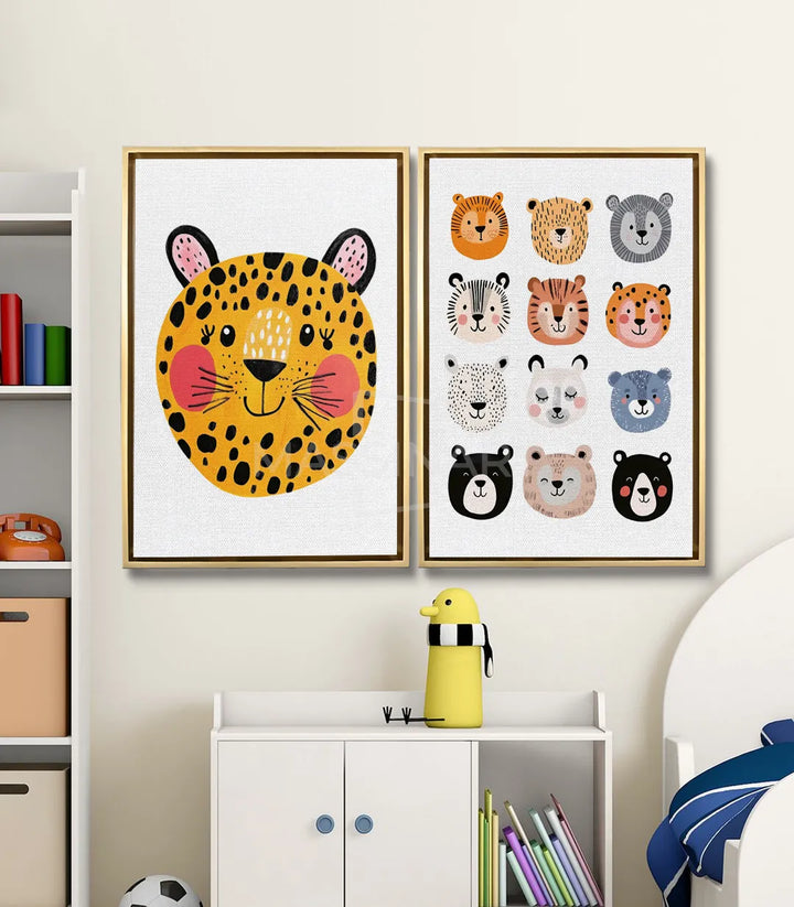 Tableau Furry Faces mise en situation chambre enfant — deux cadres noirs au-dessus commode blanche