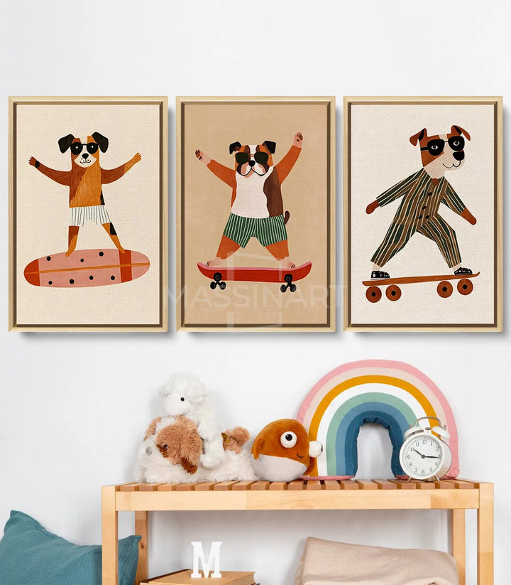 Tableau Puppy Skaters triptyque — chiot marron striped skateboard Massinart