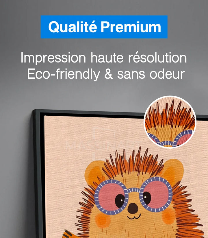 Mise en situation chambre fille — triptyque animaux joyeux Happy Pals au-dessus de meuble bois Massinart