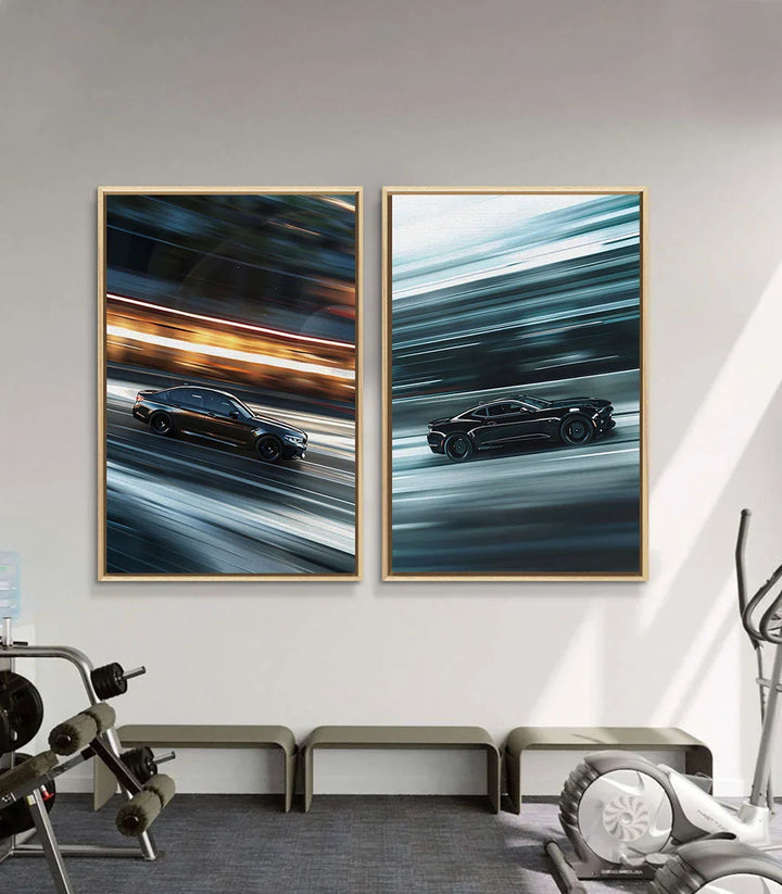 Tableau voiture sportive route bleue teal, mouvement dynamique Massinart