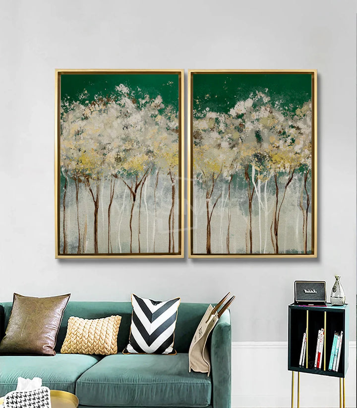 Mise en situation Tableau Happiness Tree salon moderne canapé vert Massinart