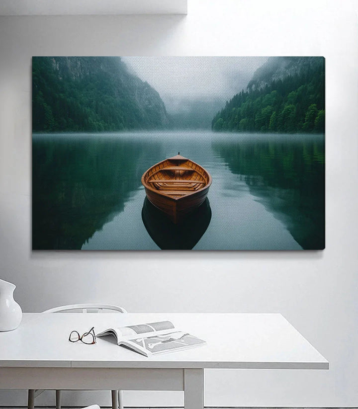 Tableau paysage The Quiet Float - composition zen barque et montagne pour décoration intérieure Massinart