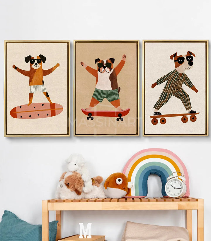 Tableau Puppy Skaters triptyque — trois chiots skateboard illustration enfants Massinart