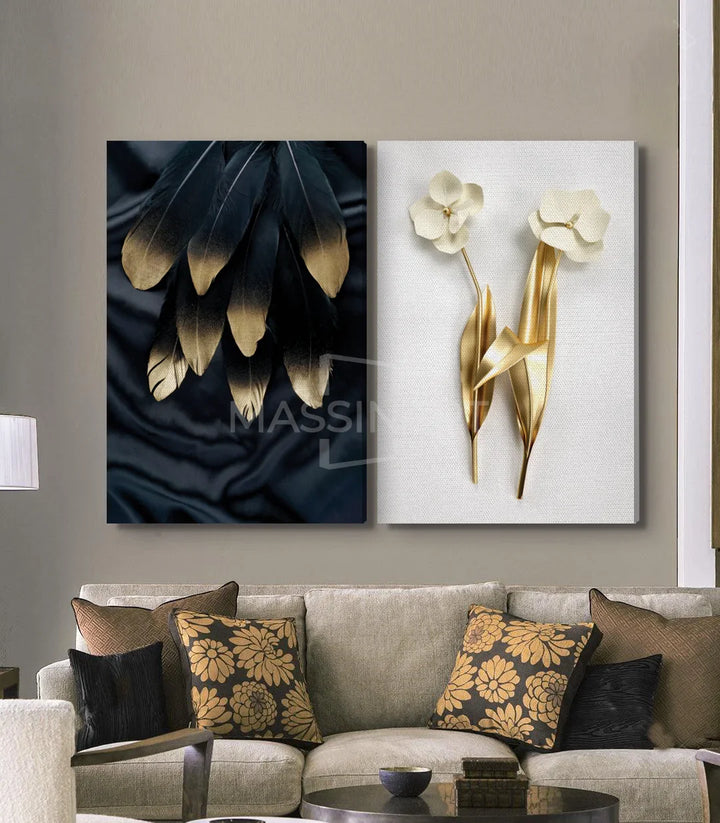 Mise en situation salon — vue d'ensemble de la décoration intérieur avec diptyque Plumes Dorées Massinart