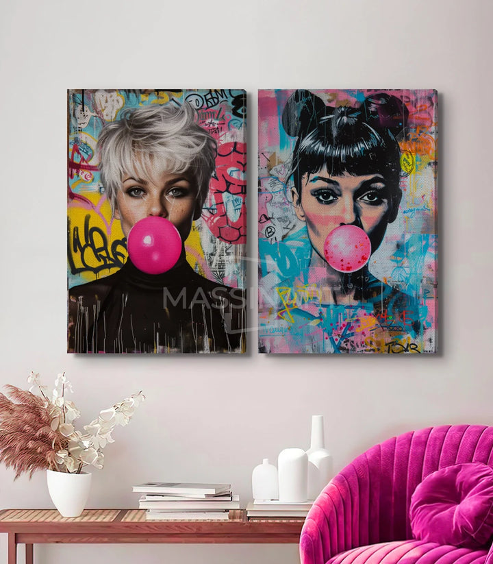 Tableau Bubble Icons diptyque — centre de beauté décoration avec femmes pop-art et chewing-gum Massinart