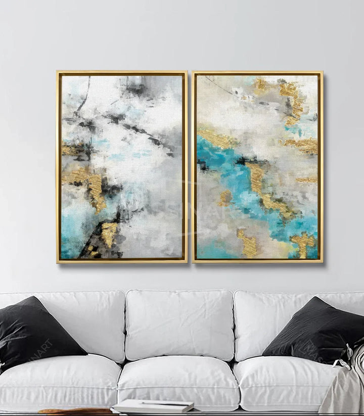 Mise en situation salon moderne, diptyque Electric Dreams au-dessus canapé blanc - Massinart