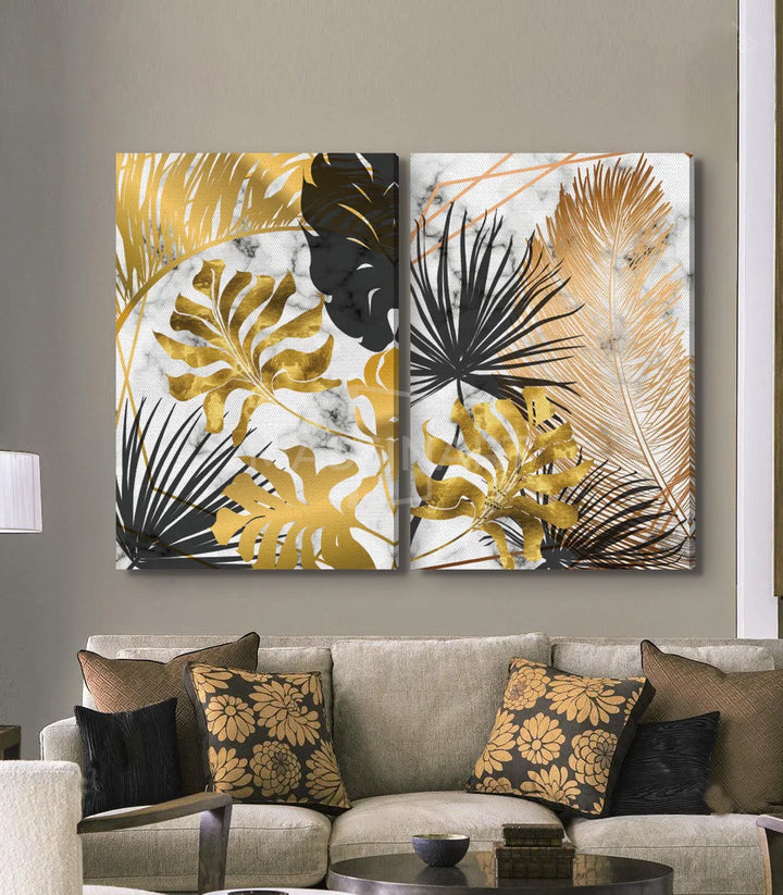 Décoration intérieur séjour - tableaux botaniques dorés encadrant canapé contemporain, Massinart