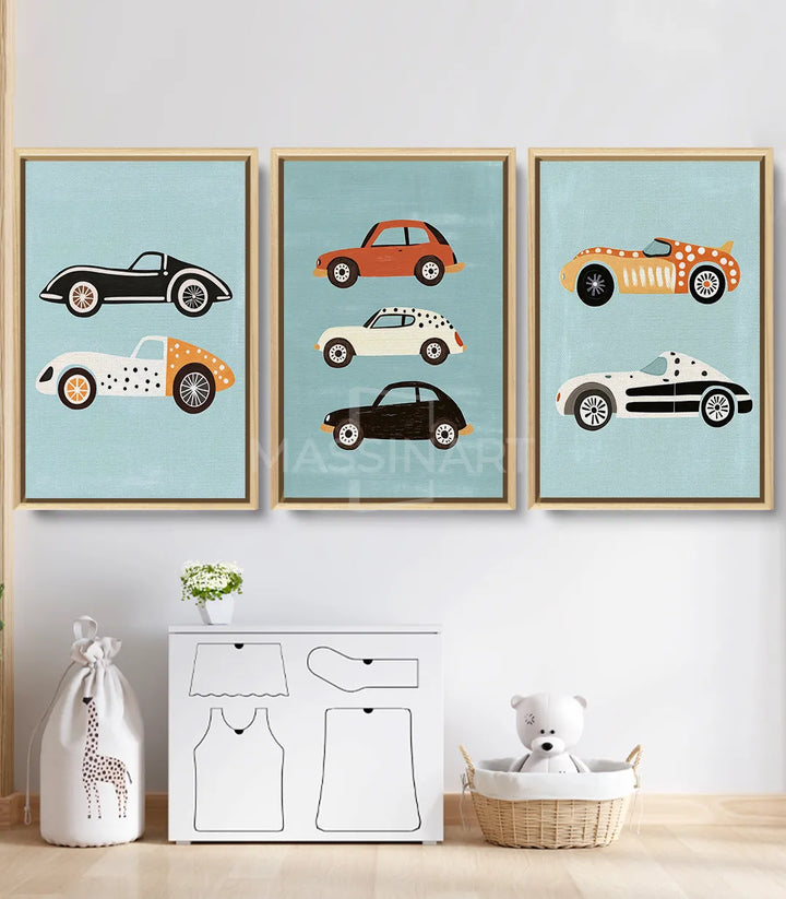 Tableau voitures vintage triptyque Massinart — deux autos orange et noir turquoise