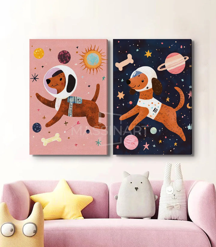 Décoration intérieur Astro Dogs diptyque rose poudré bleu nuit enfant — Massinart