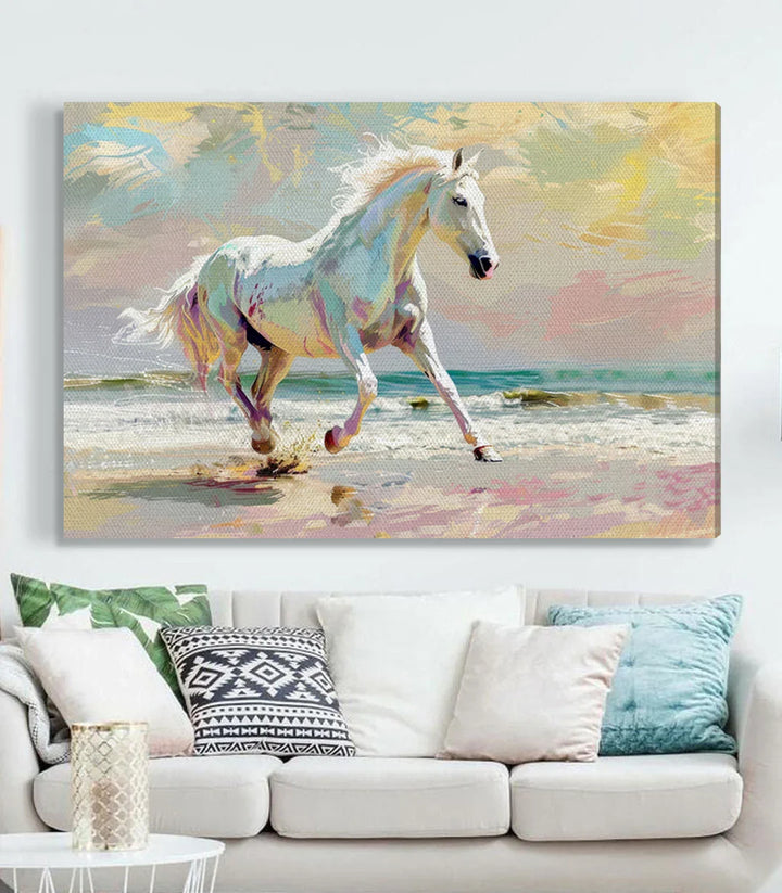 Détail tableau - Cheval blanc expressionniste plage côtière - Massinart