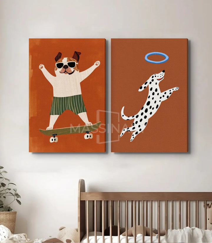 Décoration intérieur chambre enfant — tableaux Joyful Paws diptyque dans cadre noir