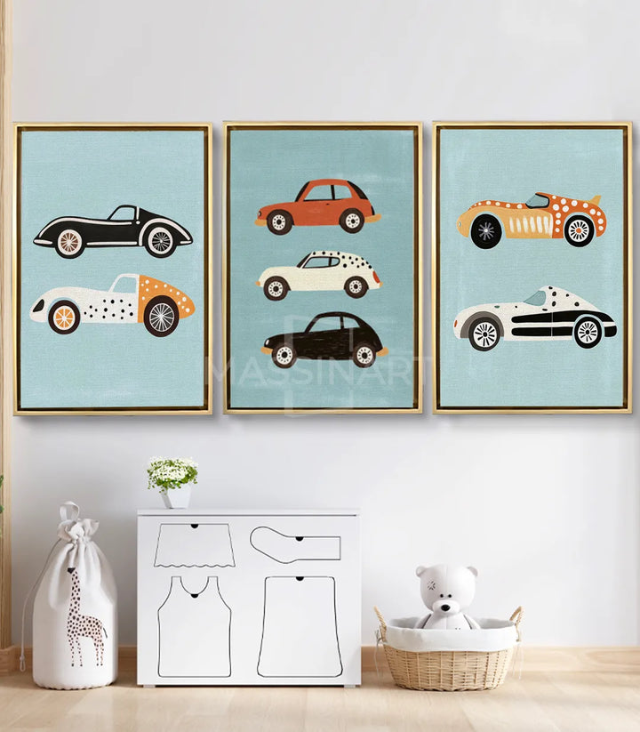 Tableau voitures vintage triptyque Massinart — trois automobiles rétro turquoise