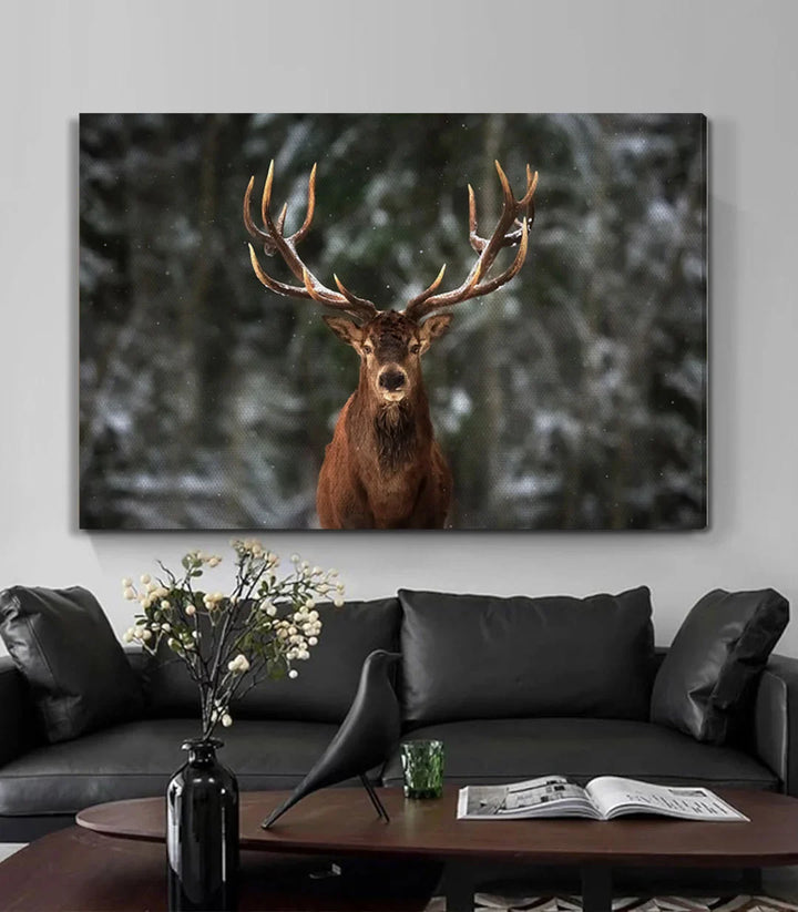 Tableau cerf nature sauvage, ambiance hivernale forêt verte et marron Massinart