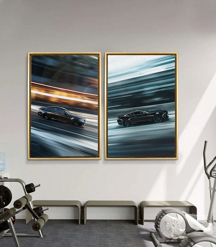 Tableau Speed Rush diptyque, mise en situation salon moderne Massinart