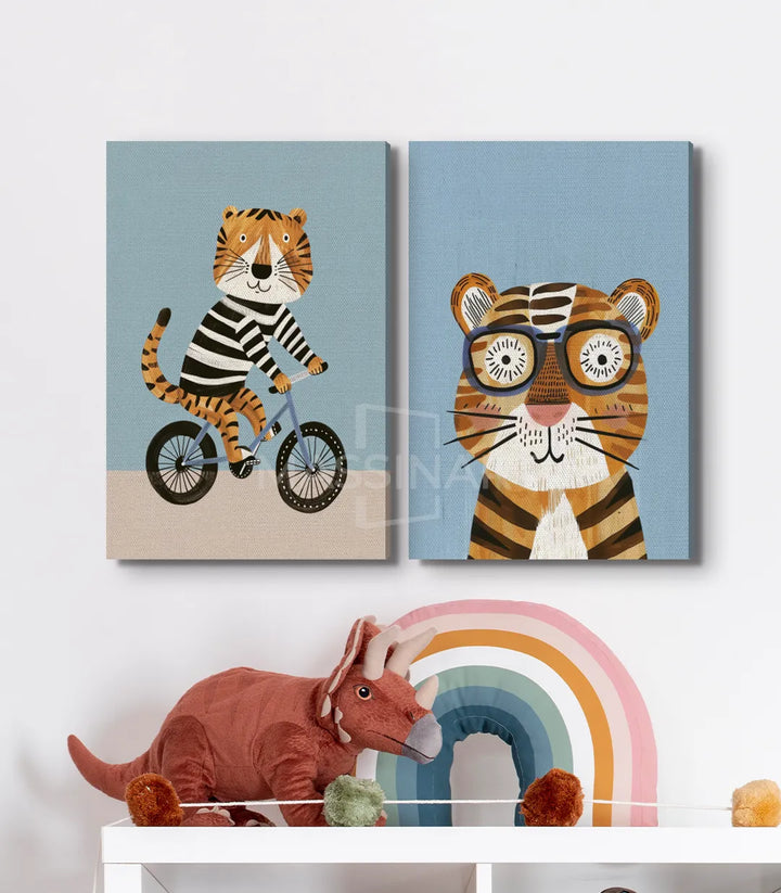 Tableau enfant Tiger Ride détail tigre à vélo illustration ludique Massinart