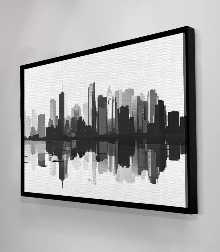 Simulation décoration bureau — skyline urbain tableau noir blanc Massinart