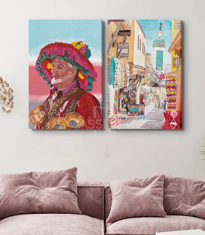 Tableau diptyque Marrakech Massinart — détail portrait homme couleurs vives