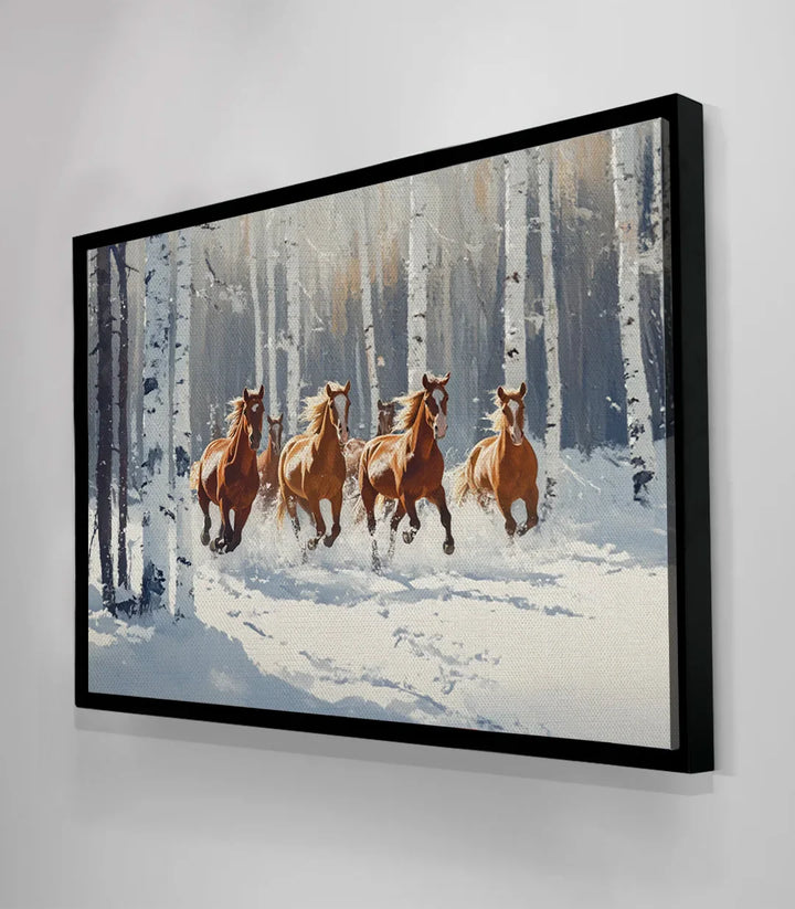 Tableau paysage hivernale chevaux en liberté — format horizontal qualité premium Massinart