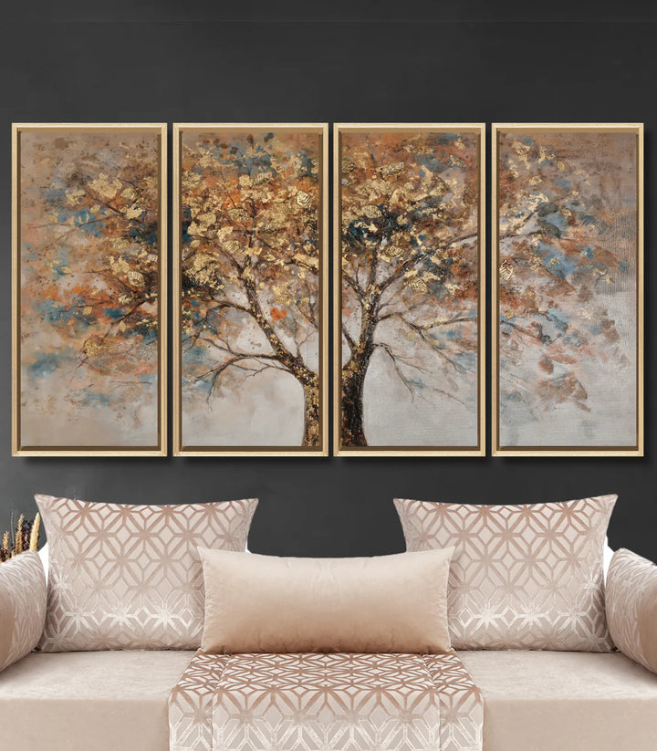 Mise en situation décoration intérieur triptyque arbre feuilles or Massinart