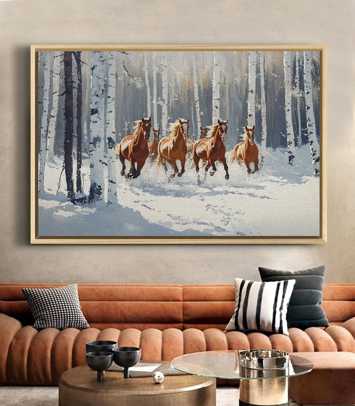 Décoration intérieur contemporain — Tableau paysage neige chevaux sur mur beige clair Massinart
