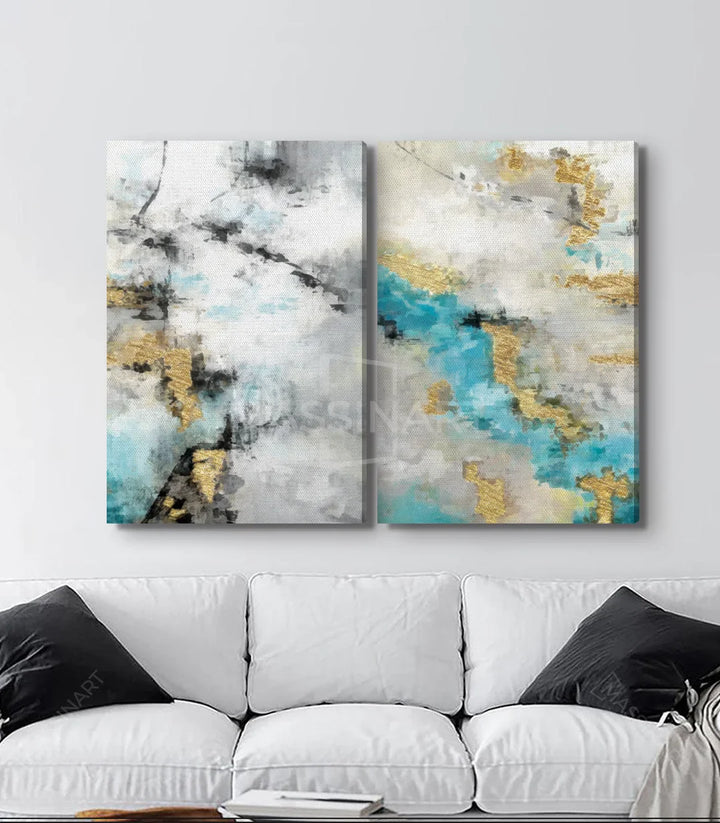 Tableau abstrait détail texturé gris et turquoise avec finitions dorées - Massinart