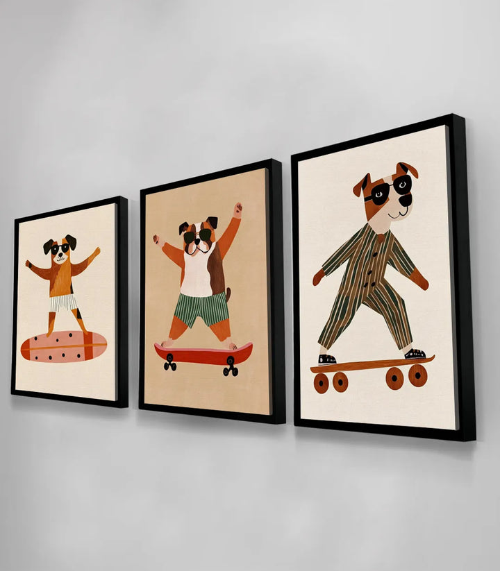 Mise en situation Puppy Skaters triptyque chambre enfant arc-en-ciel Massinart