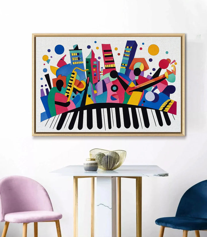 Détail de la composition musicale — piano et formes géométriques colorées — Massinart
