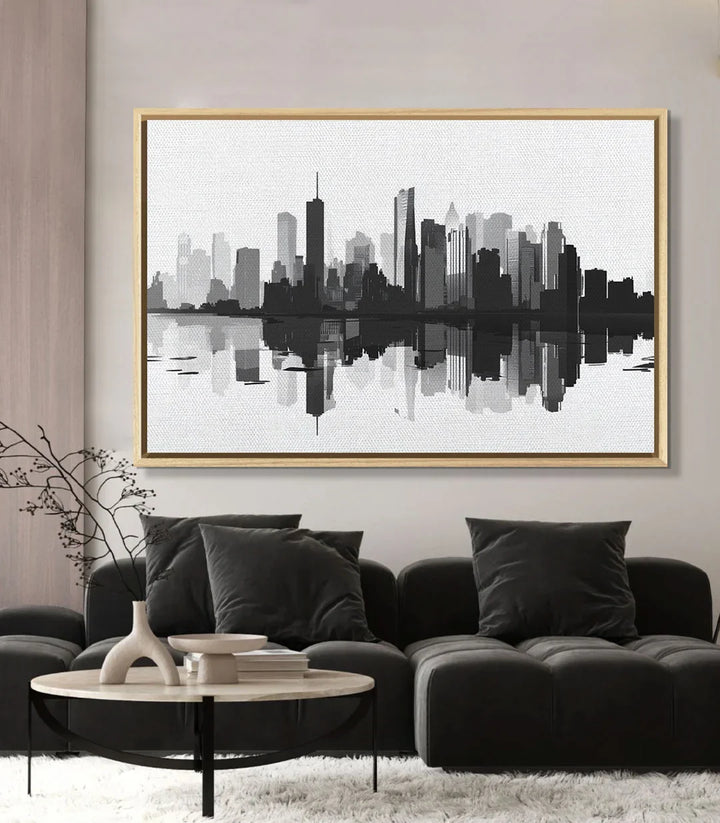 Tableau skyline reflet urbain minimaliste noir blanc Massinart
