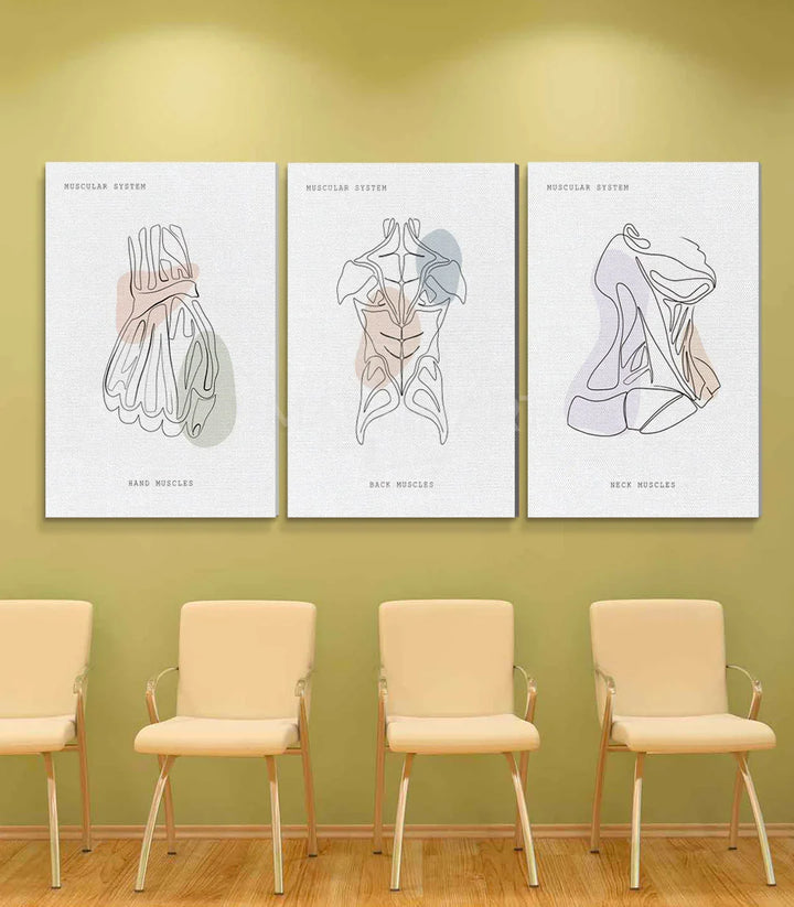 Mise en situation triptyque Muscle Flow salon moderne mur jaune Massinart