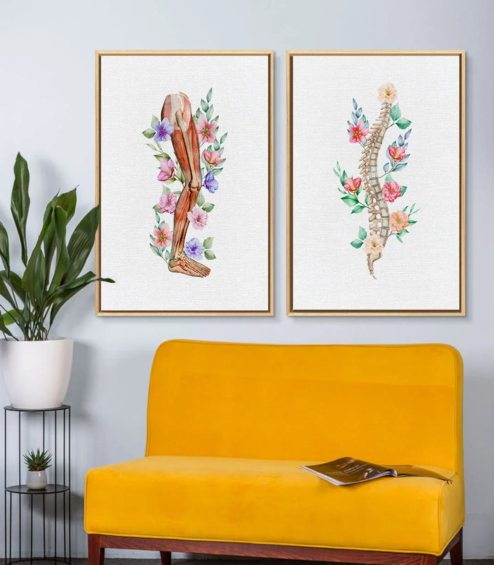 Mise en situation salon moderne — diptyque Floral Anatomy sur mur gris Massinart