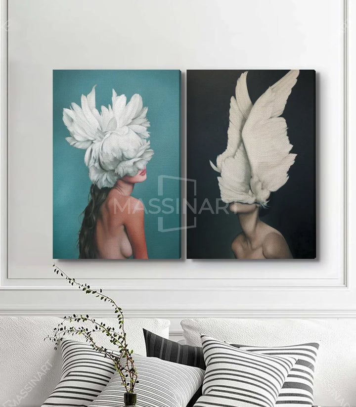 Tableau Pursuit of Daydreams - Portrait ailes blanches fond noir Massinart