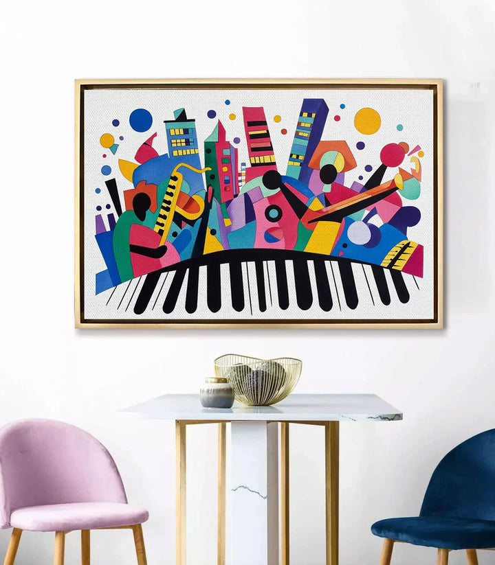 Mise en situation salon moderne — Tableau Harmonic Palette au-dessus d'une console blanche — Massinart