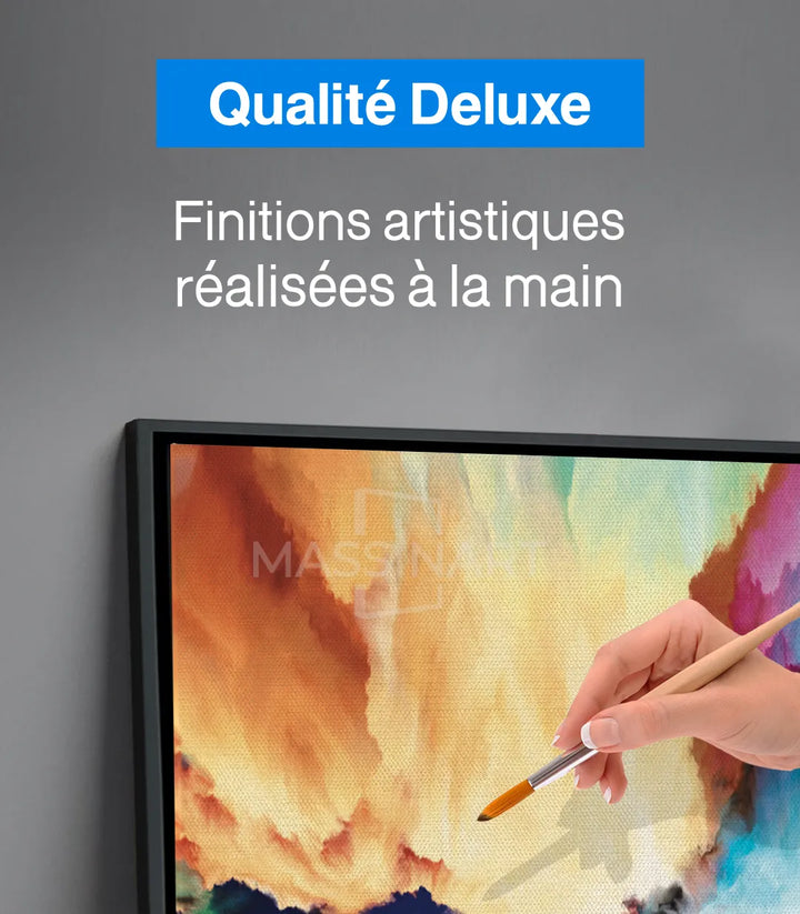 Tableau paysage abstrait couleurs vives bleu jaune orange dans intérieur moderne Massinart