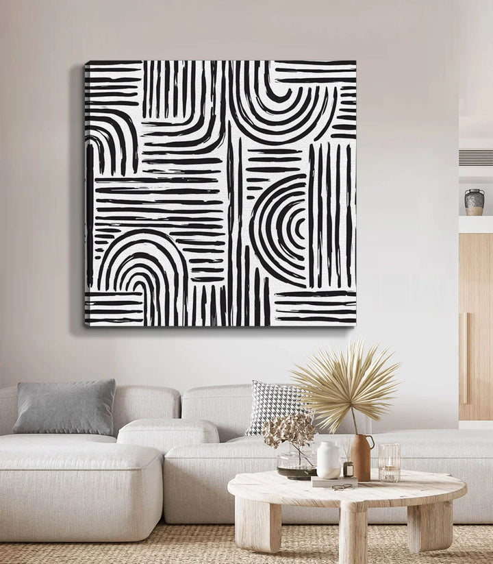 Détail motifs circulaires et linéaires — Tableau Monochrome Flow design abstrait — Massinart