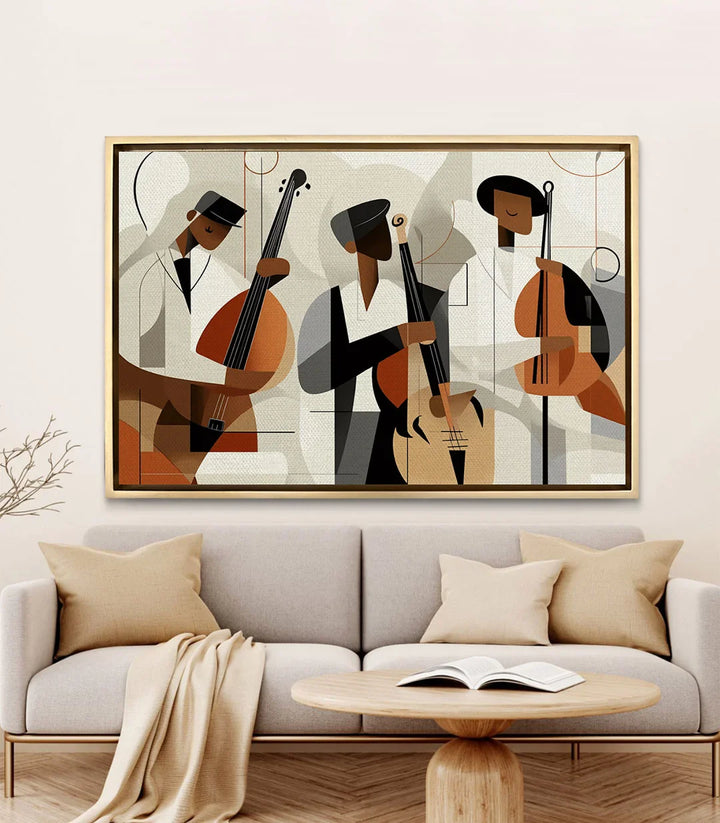 Mise en situation salon moderne Tableau The Swinging Beat Massinart au-dessus canapé