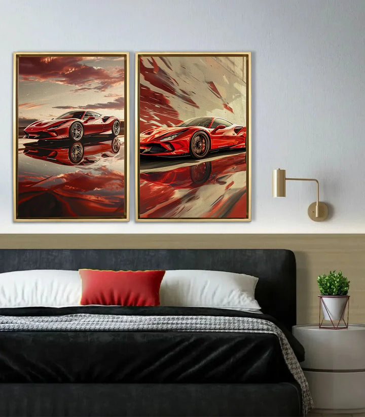 Tableau voiture sport Red Reflection diptyque en situation chambre Massinart