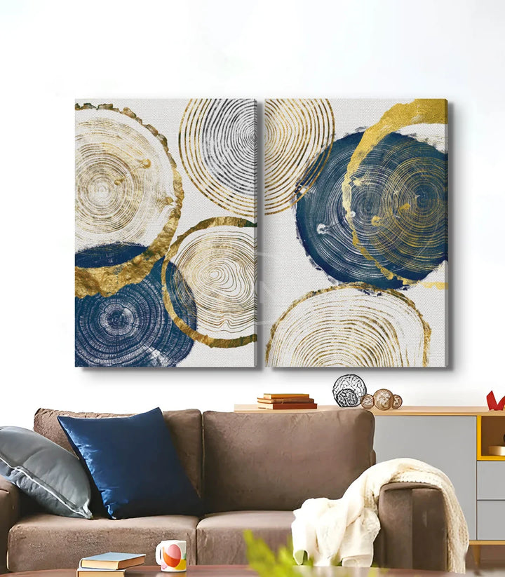 Tableau Wooden Stump diptyque détail — anneaux bois abstrait bleu doré Massinart