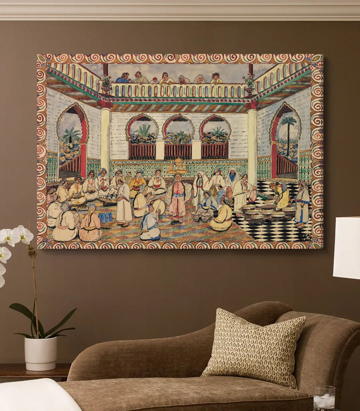Tableau scène de banquet marocain arches rouges architecture orientale Massinart