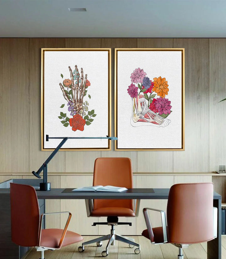 Tableau pieds squelette avec dahlias multicolores décoration bureau Massinart
