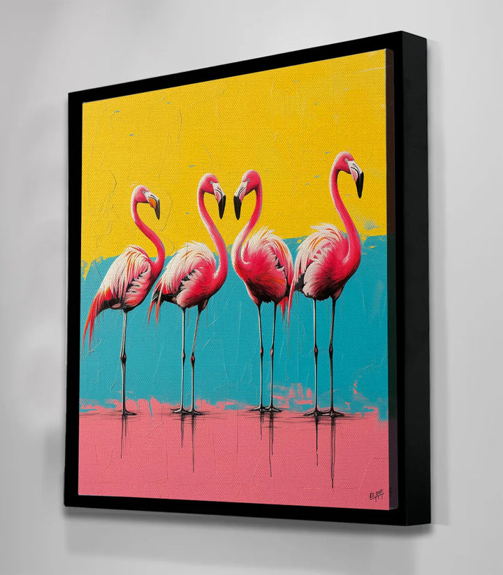 Tableau Flamingo Quartet ambiance salon, oiseaux exotiques colorés Massinart