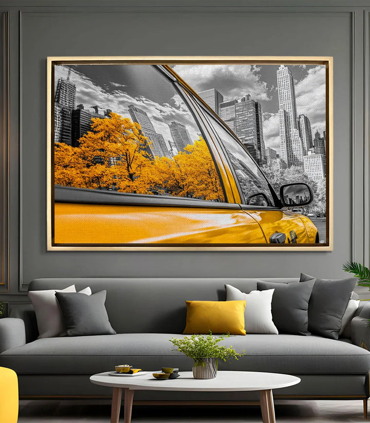 Mise en situation salon moderne tableau taxi jaune Massinart