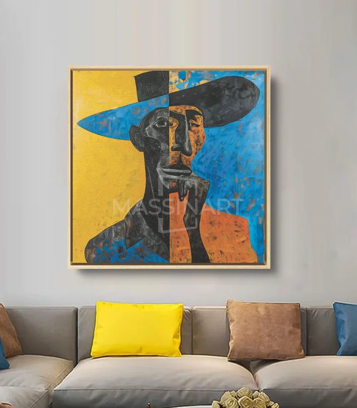 Tableau portrait cubiste Perhaps Massinart — mise en situation couloir contemporain