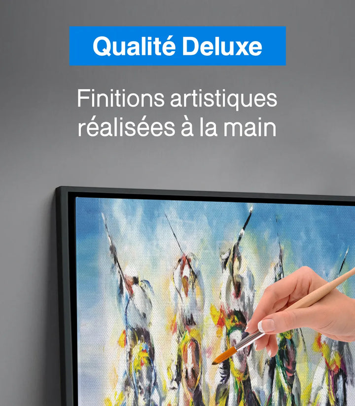 Tableau Tbourida horses warriors palette dynamique jaune bleu — Massinart