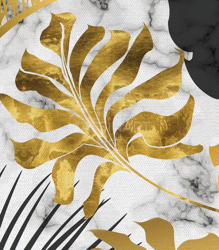 Vue d'ensemble diptyque - feuilles botaniques noir et or sur marbre blanc, Massinart