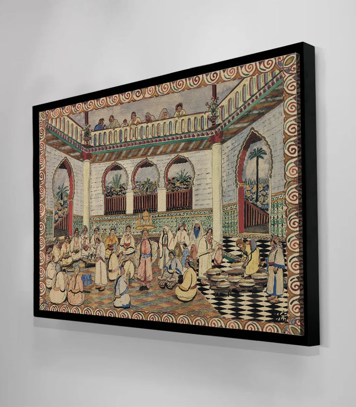 Détail figuratif personnages festin palais marocain art traditionnel Massinart