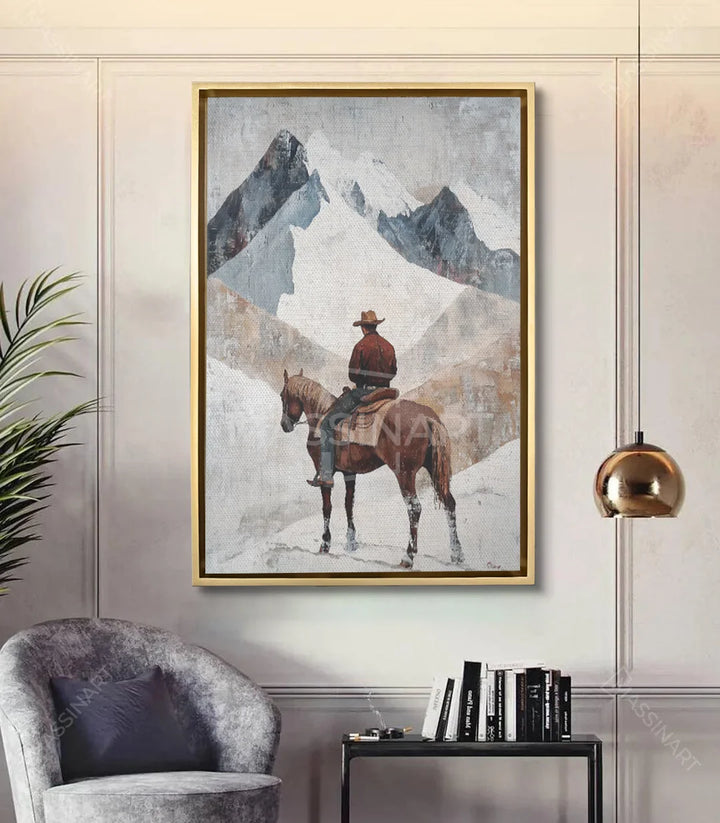 Tableau Cowboy western vertical en mise en situation salon moderne avec fauteuil gris — Massinart