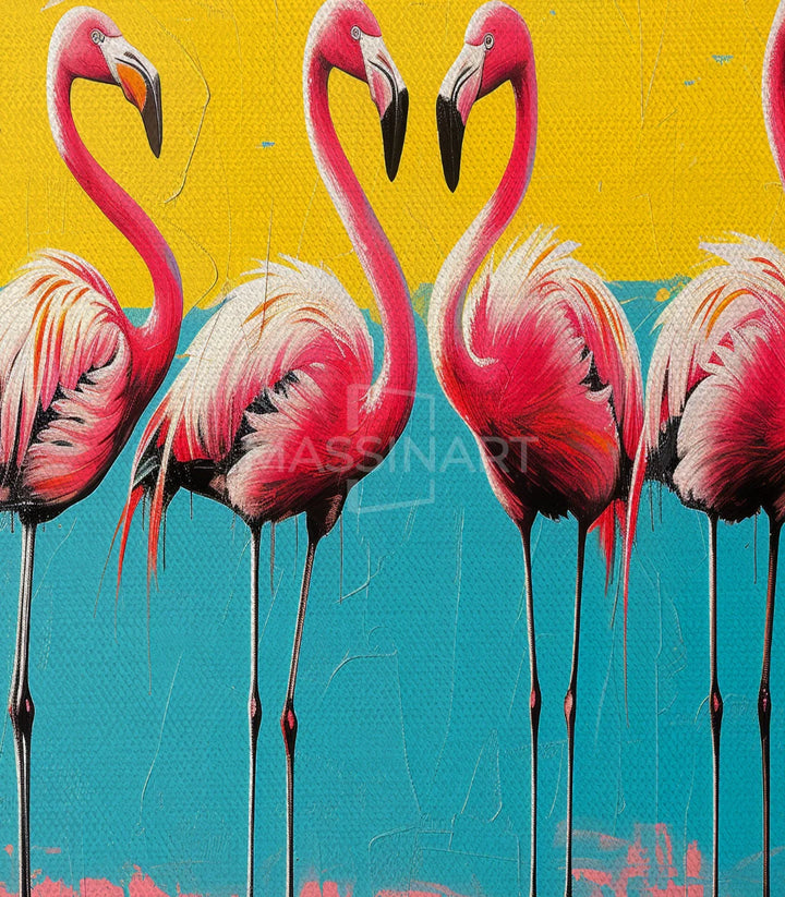 Tableau Flamingo Quartet mise en situation chambre, décor pop-art Massinart