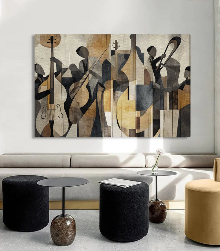 The Geometry of Jazz en mise en situation séjour moderne, musiciens cubistes Massinart